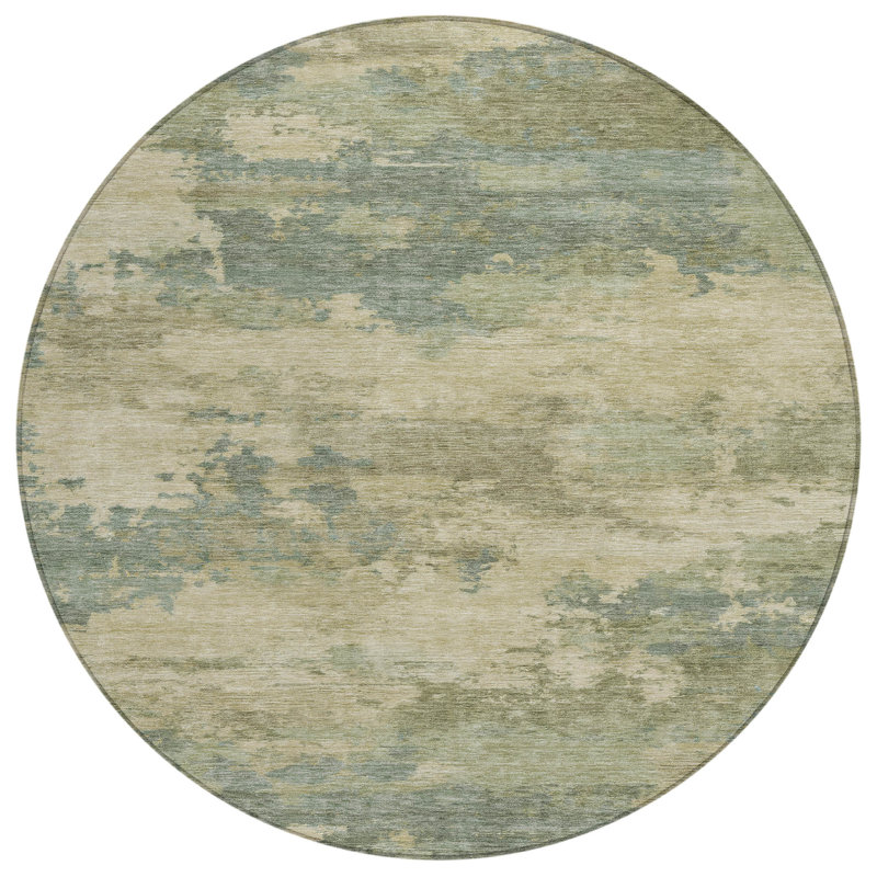 Tapis extérieur rond lavable abstrait turquoise et kaki 8 pi