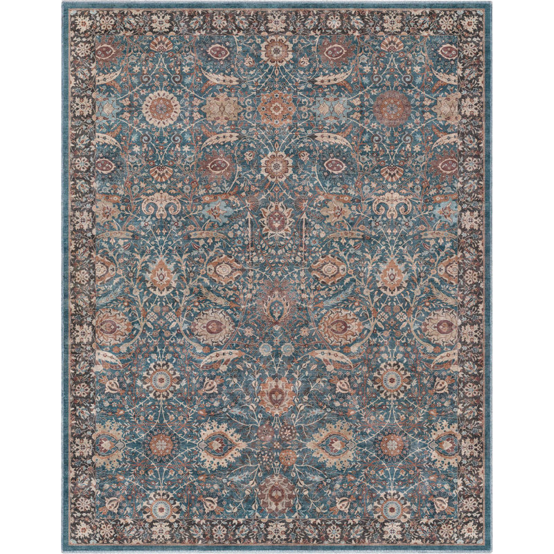  Tapis bleu sarcelle à tissage plat Asha Liana, Rectangle 7 pi 7 po x 9 pi 10 po