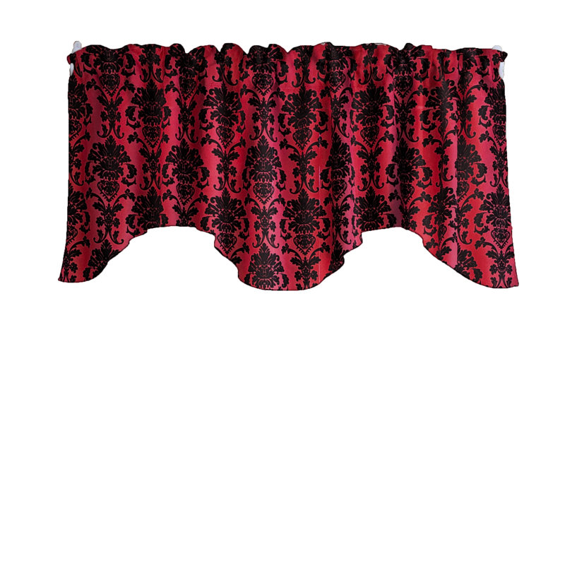 Poplin Damask Floral Scalloped Wave Window Valance 58" Wide, Red