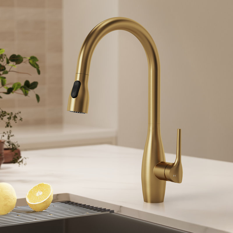 Dual-Function Single-Handle Pull-Down Kitchen Faucet with 360° Swivel Spout, Brushed Gold