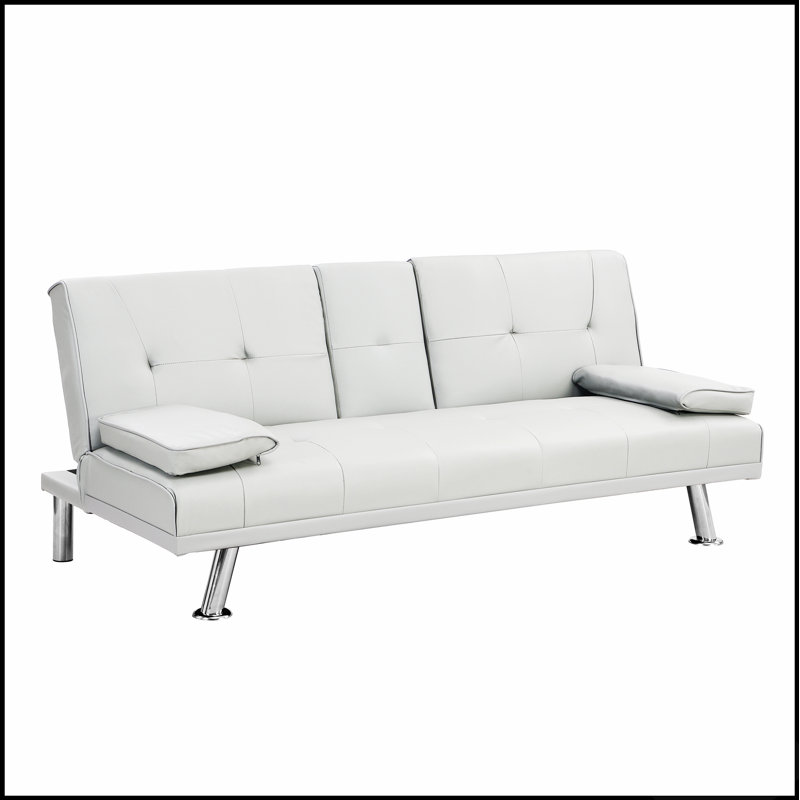 Canapé-lit confortable avec porte-accoudoirs, structure en bois, pieds en acier inoxydable et futon blanc en PVC pour une vie moderne