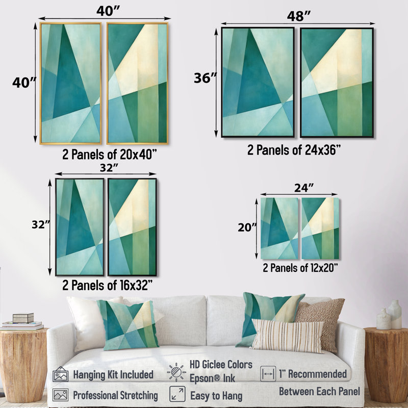 «Green Blue Abstract Geometric Fusion II», art mural sur toile vert 2 panneaux, 36" H x 48" W, Impression encadrée flottante