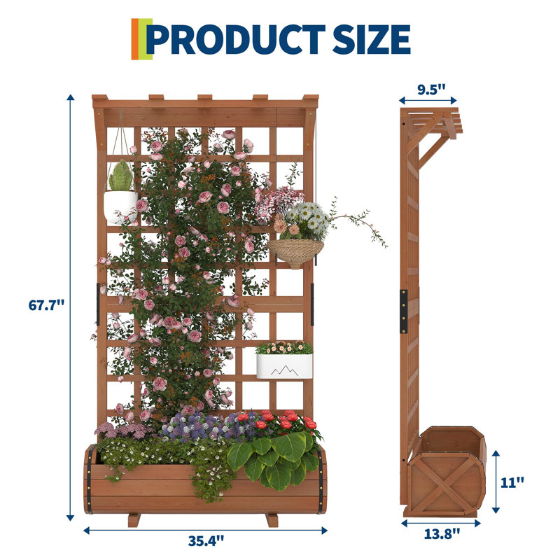 67" Raised Garden Bed with Trellis & Roof, Wooden Planter Box for Climbing Plants Patio Balcony Garden