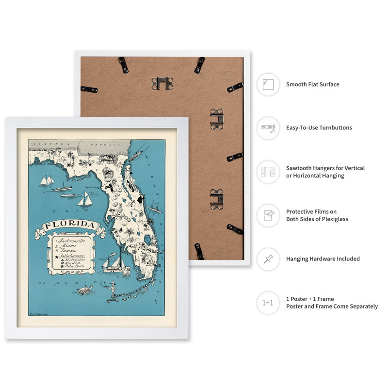 Carte illustrée de l'État de la Floride, H 11 po x l 14 po, Affiche, Encadrement blanc