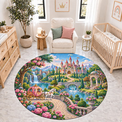 "Ultra Thin" 6' x 6' Princess Castle Carriage Garden Round Area Rug, Soft Low Pile Indoor Rug with Non-Slip Silicone Backing Carpet for Nursery, Kids Room and Playroom