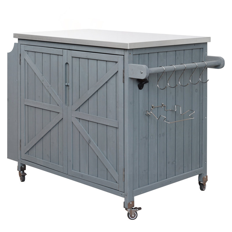 42.1" Outdoor Kitchen Island with Stainless Steel Top, Storage Cabinet & Locking Wheels, Grey+Blue