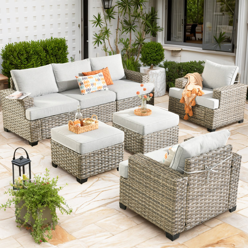 7 - Person Patio Furniture Set with Chairs, Outdoor Wicker Rattan Sectional Seating Group with Cushions, All Weather Sofa Conversation Set with Ottomans for Garden Backyard