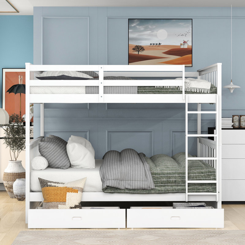Lit superposé avec deux tiroirs de rangement, blanc - économise de l'espace dans les tiroirs de la chambre à coucher et offre un arrangement de sommeil pratique