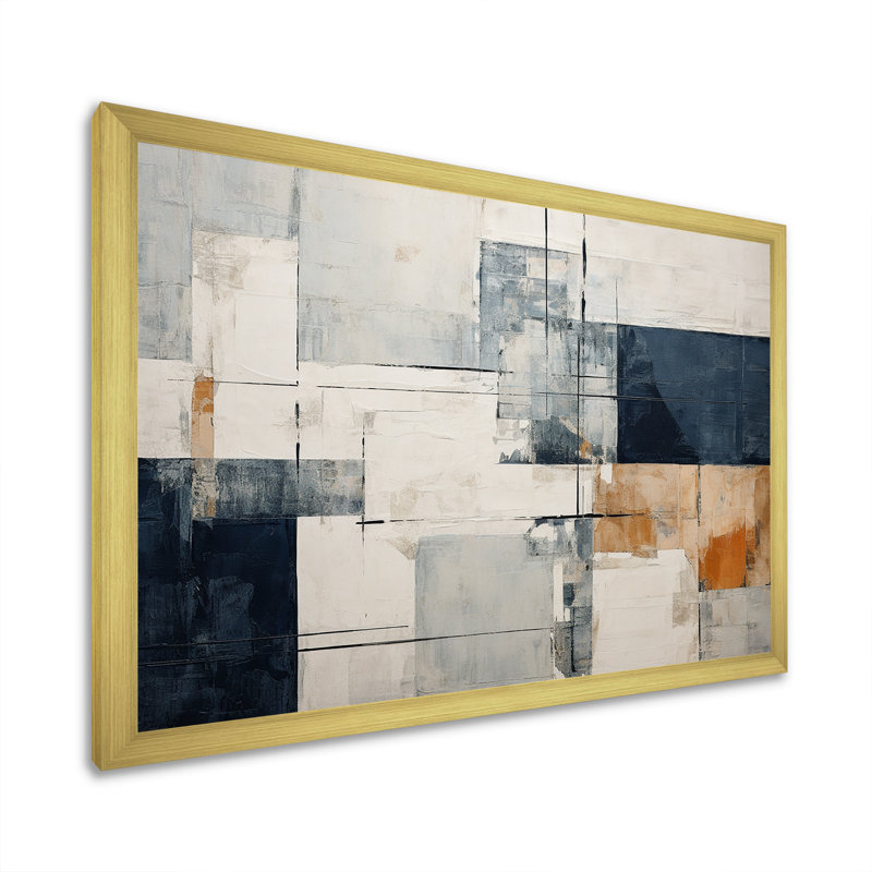 «Abstract Blue Beige Road Collage I», art mural abstrait, Cadre doré simple, H 34 po x l 44 po x P 1,5 po