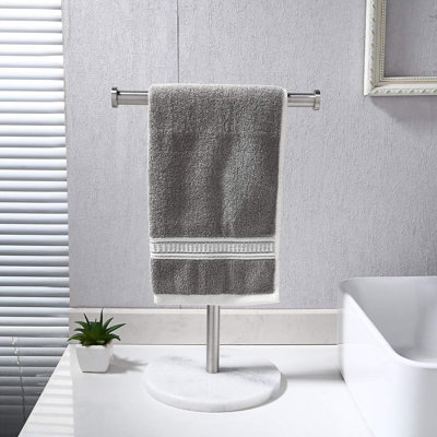 Porte-serviettes de comptoir en forme de T en marbre, acier inoxydable avec marbre naturel rond, support autoportant à finition argentée pour la cuisine et la salle de bain