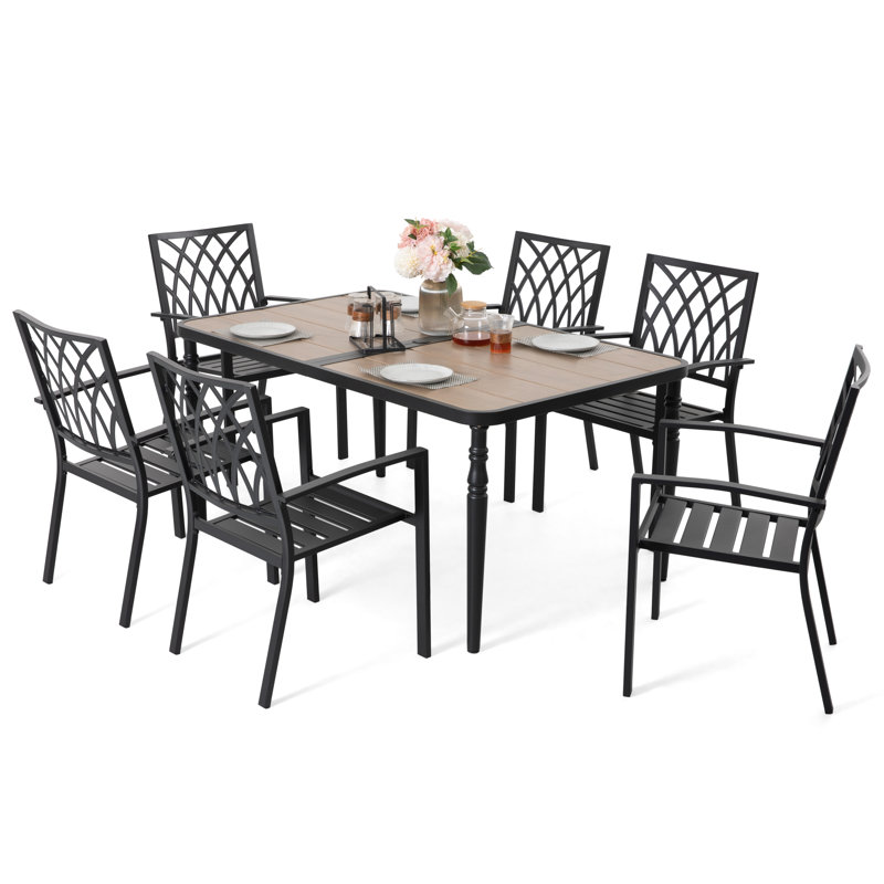 Patio Metal Dining Set With 6 Stackable Chairs And Umbrella Hole, Brown