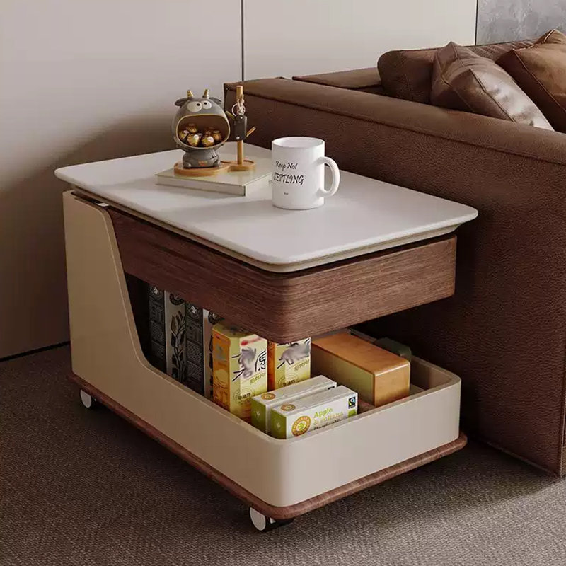 Modern Stone End Table, White;Nut-Brown