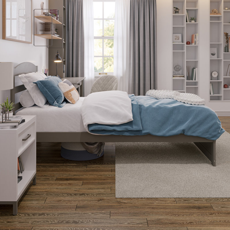 Elliana Solid Wood Platform Bed with Footboard & Built-in Charging Station, Twin, Gray