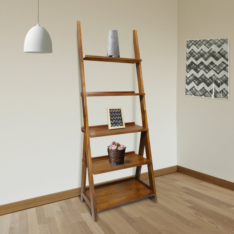 Amber 5-Shelf Ladder Bookcase, Warm Brown