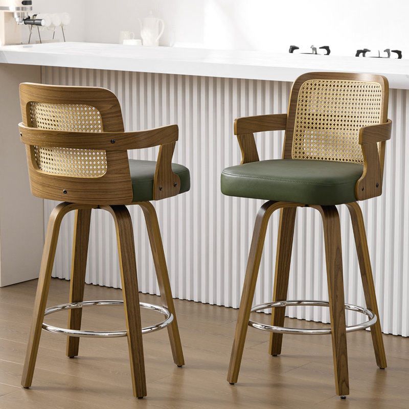 Upholstered Cane Back Counter & Bar Stool With Armrest, Counter Stool (26" Seat Height), 2, Green