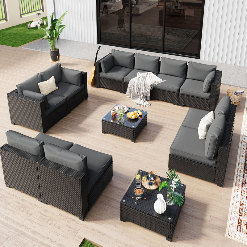 Canapé modulaire d'extérieur pour 10 personnes avec coussins épais, Gris