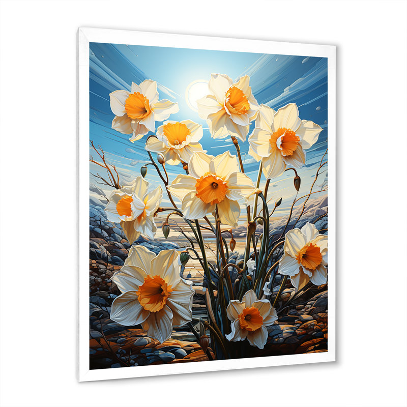 Fleurs de jonquille sur fond de soleil sur toile, Cadre simple blanc, H 32 po x l 16 po x P 1 po