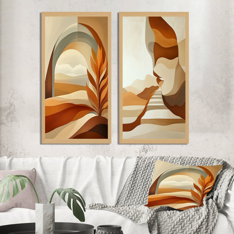 Formes bohèmes de la Terre en couches V - Affiche murale bohème abstraite en 2 pièces, 32" H x 32" W, Natural Picture Framed