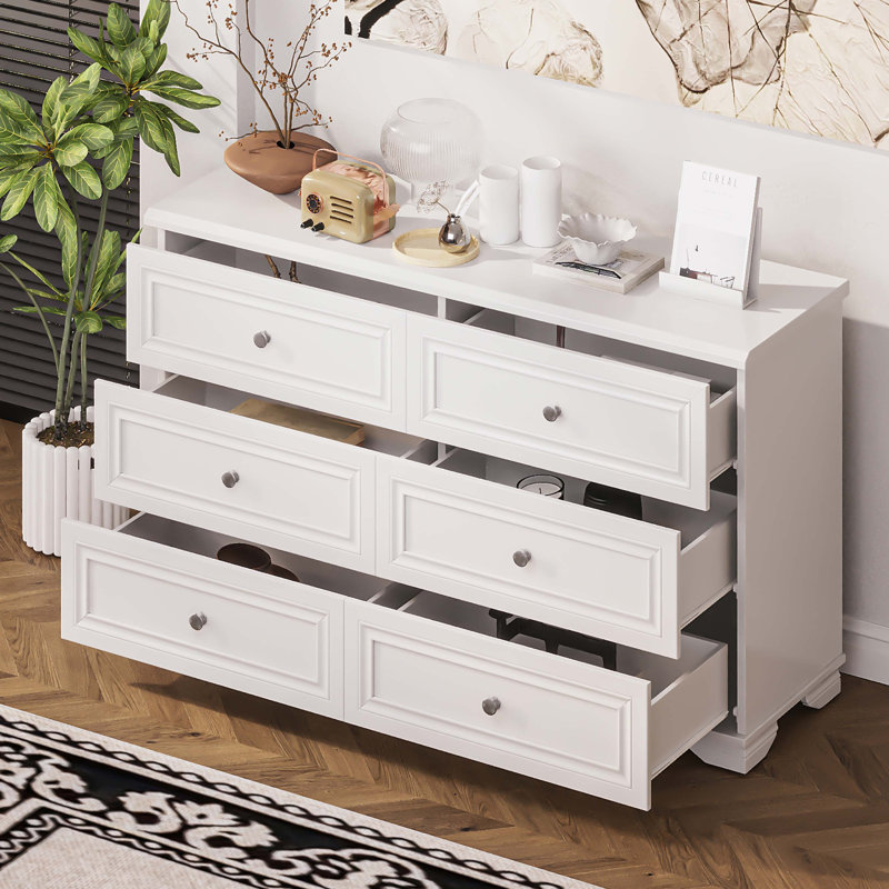 Commode élégante avec 6 tiroirs et poignées en métal, Blanc