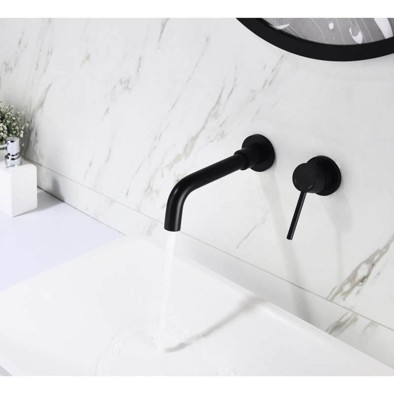 Wall Mounted Bathroom Sink Faucet In Matte Black, Single Lever Handle For Easy Water Control And Temperature Adjustment, Pop-Up Drain Efficient Drainage, Made Of Brass Stainless Steel Flow Control,