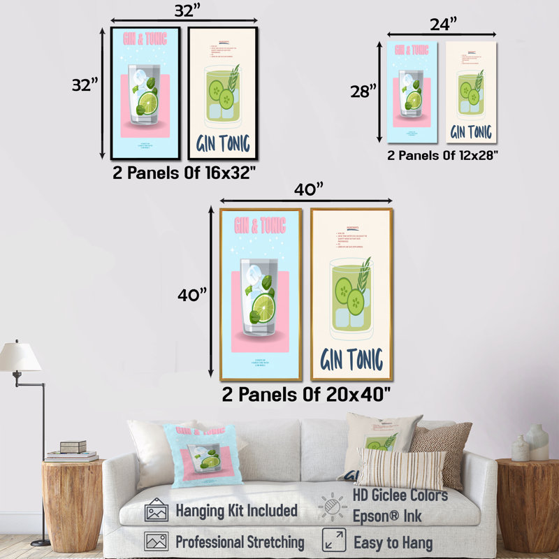 Ensemble de 2 pièces d'art mural gin et tonique dans un verre à whisky, H 40 po x l 40 po, Impression encadrée, Brun