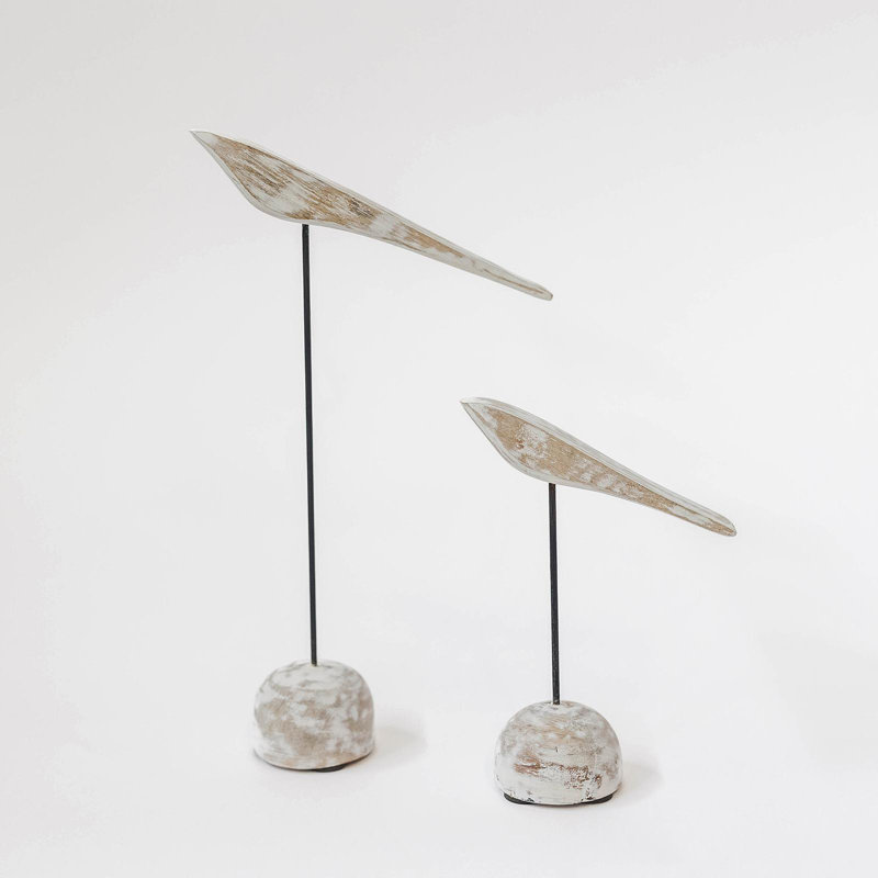Set Of 2 Minimalist Wooden Birds On A Round Base Figurines