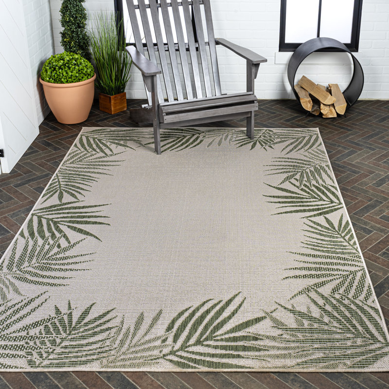 Caherty Coastal Cottage Palm Frond Border Green/Cream Indoor/Outdoor Rug, Rectangle 2'11" x 4'11"