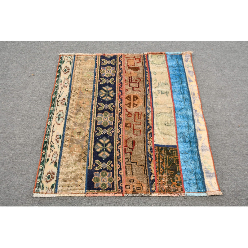 Handmade Turkish Patchwork Rug In Blue Providing A Unique Bohemian Accent For Home Decor And Small Area Coverage