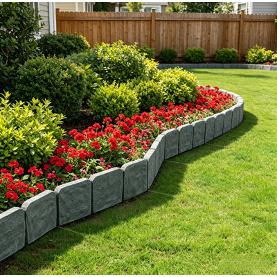 Gray Imitation Stone Interlocking Garden Edging Fence, Plastic Landscape Border Stakes, Decorative Lawn Flower Bed Divider for Patio, Backyard & Outdoor Landscaping