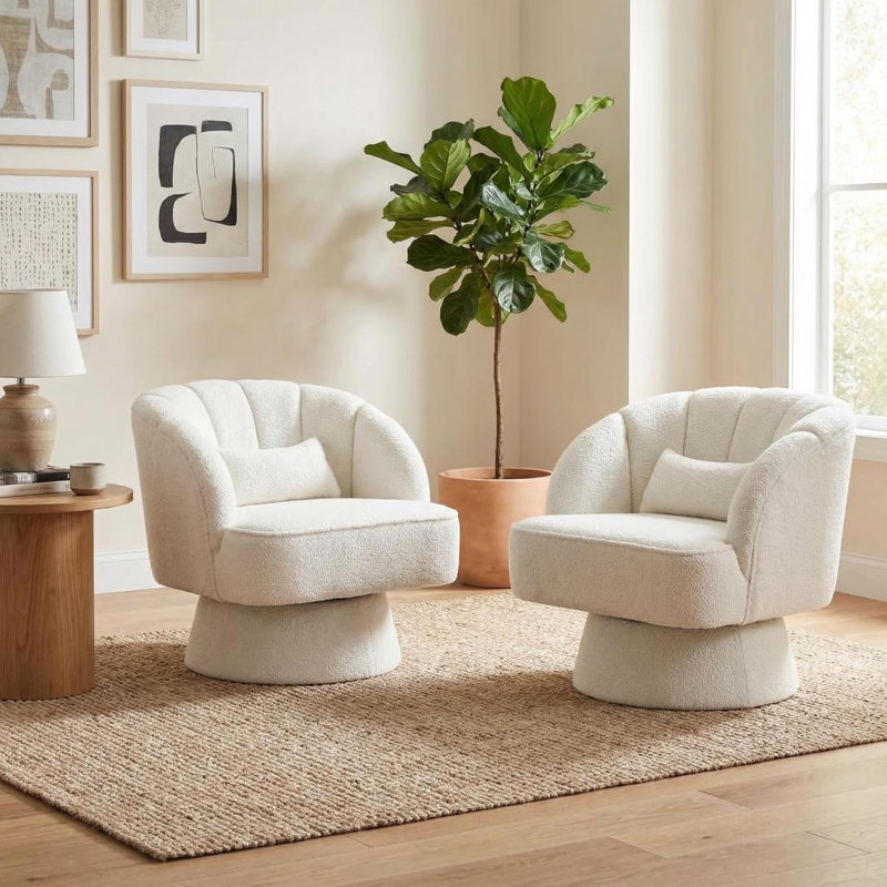 Upholstered Swivel Lounge Chair, Beige Teddy