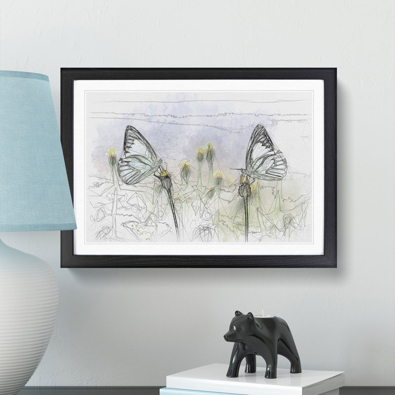 Two Butterflies upon Yellow Flowers Sketch - Picture Frame Graphic Art Print, 62cm H x 87cm W x 2cm D, Black Framed