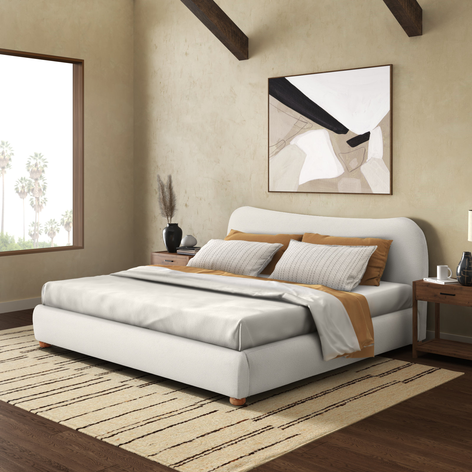 Liza Velvet Upholstered Bed, King, Ivory Boucle