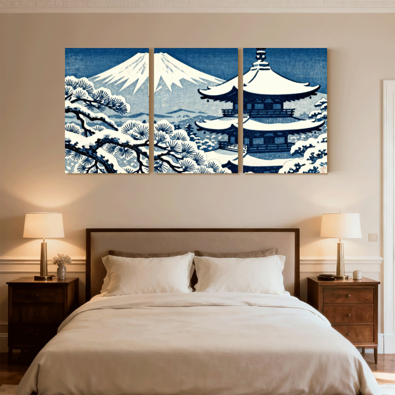 «Snowy Mountain Temple», ensemble de 3 impressions sur toile, H 30 po x l 60 po