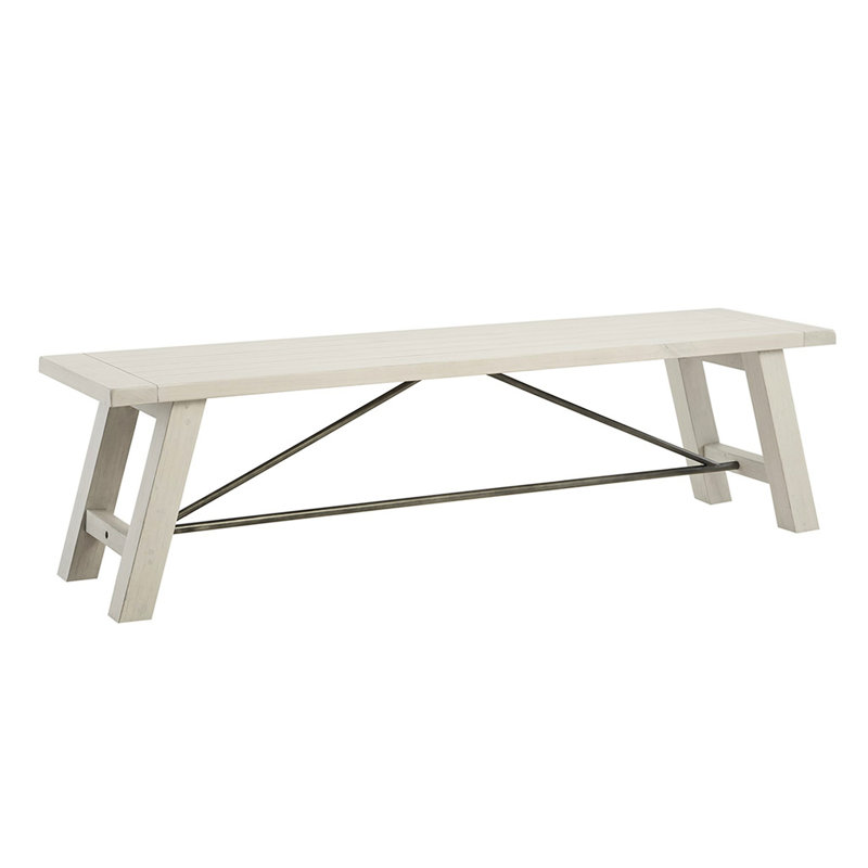 Banc de salle à manger en bois massif avec métal, effet blanc délavé, 3 places assises, capacité de soutien de 400 lb, blanchi, poids