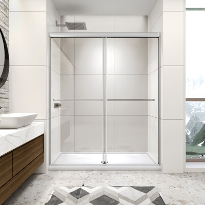 56-60" W x 70" H Framed Shower Door Double Sliding Door with 1/4" (6mm) Clear Tempered Glass, 2 Towel Bars for Walk-in Bathroom, Chrome Finish Shower Doors, Reversible Installation