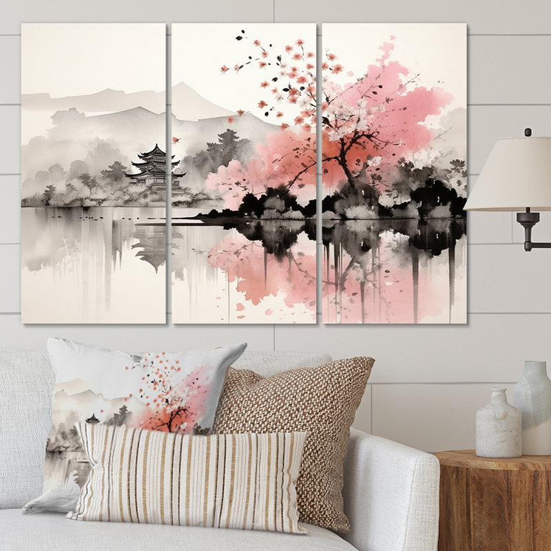 Asian Art Sumi Lake III - ensemble de reproductions d'art mural asiatique, H 28 po x l 36 po x P 1 po