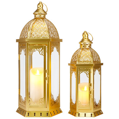 Set of 2 Outdoor Candle Lanterns 22"&17" H Decorative Vintage Metal 