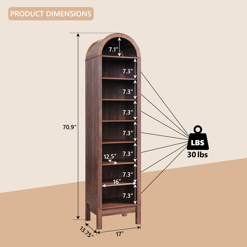 71" Tall Arched Shoe Storage Cabinet, 8 Tiers 16 Pairs Wooden Shoe Rack with 3 Adjustable Shelves, Brown