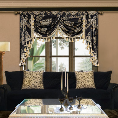 Classic Swag Valance with Tassels, Black Jacquard Waterfall Valance, 59" Window Treatment 1 Panel