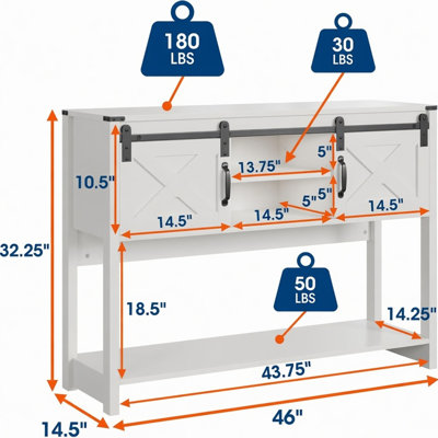 Table d'entrée de style ferme moderne de 117 cm avec rangement et porte coulissante de style grange