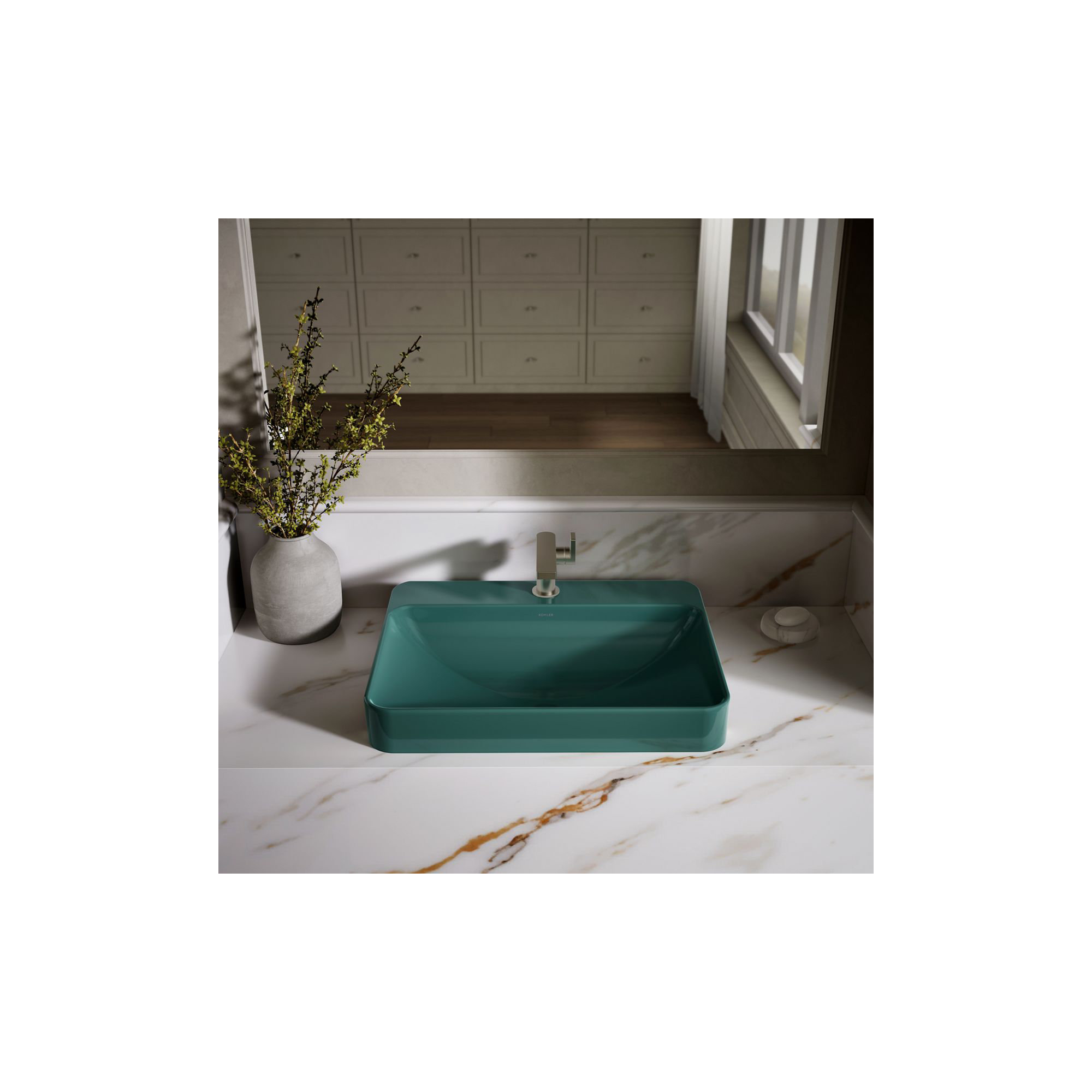 Vox Vitreous China Rectangular Vessel Bathroom Sink with Overflow, Teal, 1