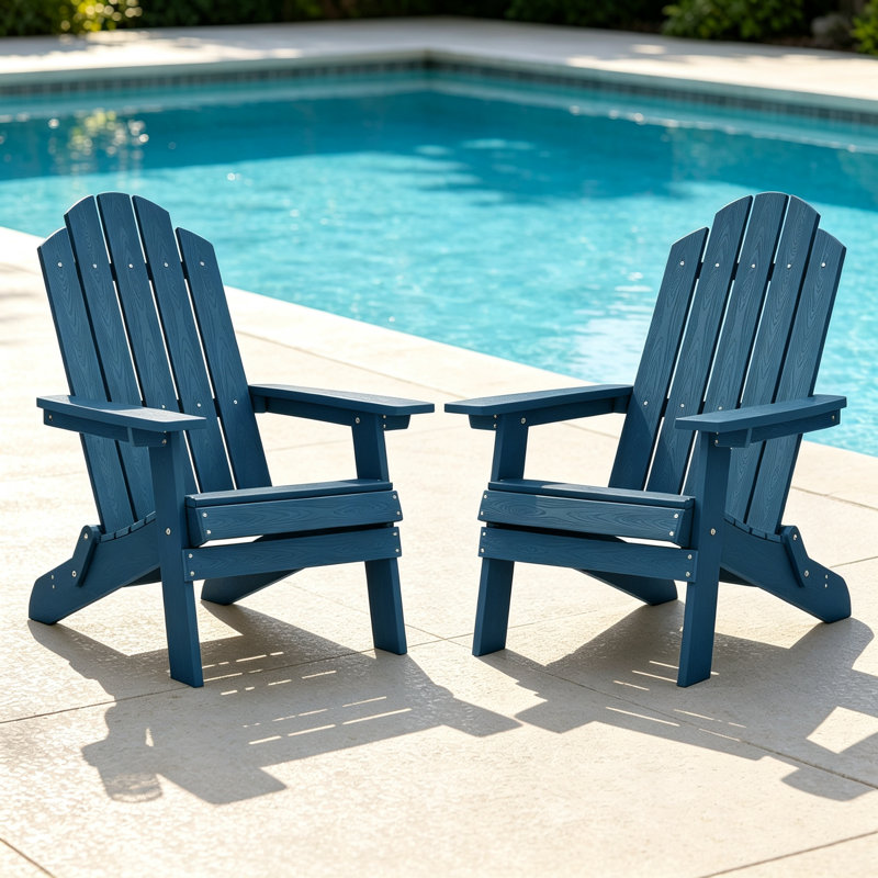 Folding Adirondack Chair Set of 2, Weather-Resistant Composite Plastic Outdoor Patio Seating with Cup Holders, Easy Assembly for Fire Pit, Lawn & Garden, Navy