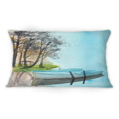Two Blue Fisher Boats Near Green Coast With Trees - Nautical & Coastal Printed Throw Pillow 1 -  Design Art, CU39180-12-20
