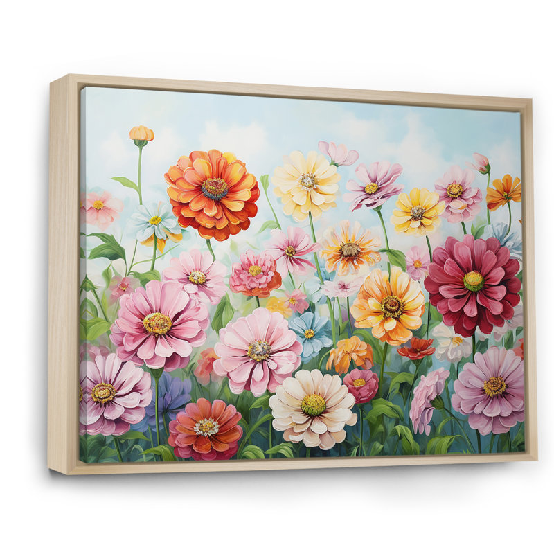 «Zinnias Farmhouse Field Charm II», reproduction sur toile, Cadre naturel flottant, H 24 po x l 32 po x P 1 po