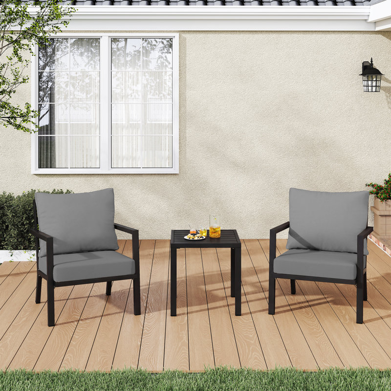 Ensemble de conversation d'extérieur en aluminium 3 pièces avec coussins gris et table d'appoint Mornlift, Gris, Noir