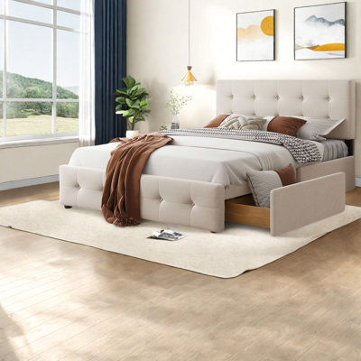 Grand lit tapissier spacieux avec rangement, conception moderne pour la famille