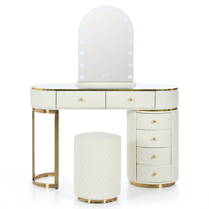 Meuble-lavabo de luxe avec plateau en marbre Althyr, miroir DEL, tiroirs et tabouret en similicuir