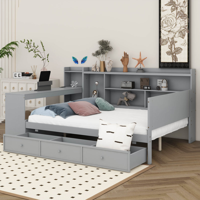 Full Size Daybed With Storage Drawers, Wood Daybed With Desk, Bookcase & USB Ports For Kids Teens Adults, Gray