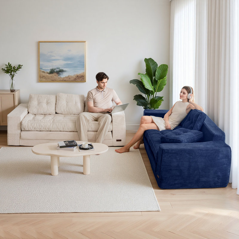 Canapé Bean Bag, causeuse de plancher, H 29,5 po x l 74,8 po x P 33,5 po, Velours côtelé bleu marine