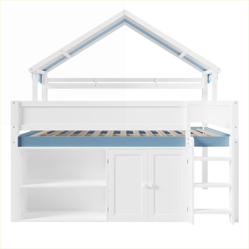 Lit mezzanine double en bois massif avec rangement inspiré de la maison avec rangement intégré sous le lit, blanc éclatant